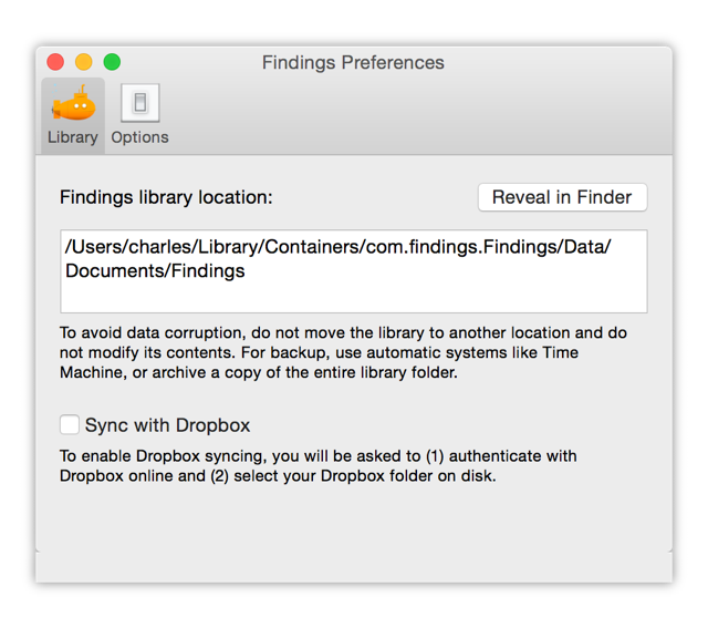 Revealing your Findings library in Finder via the Preferences window